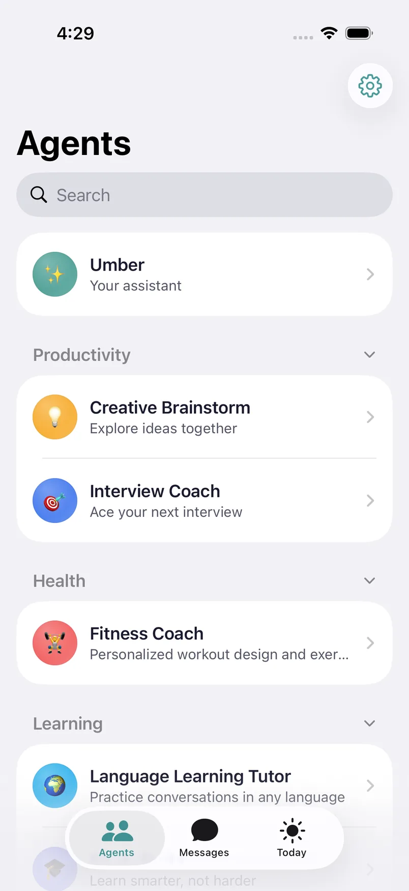 The Agents screen in the Umber app: Umber pinned at the top, then specialists grouped by category