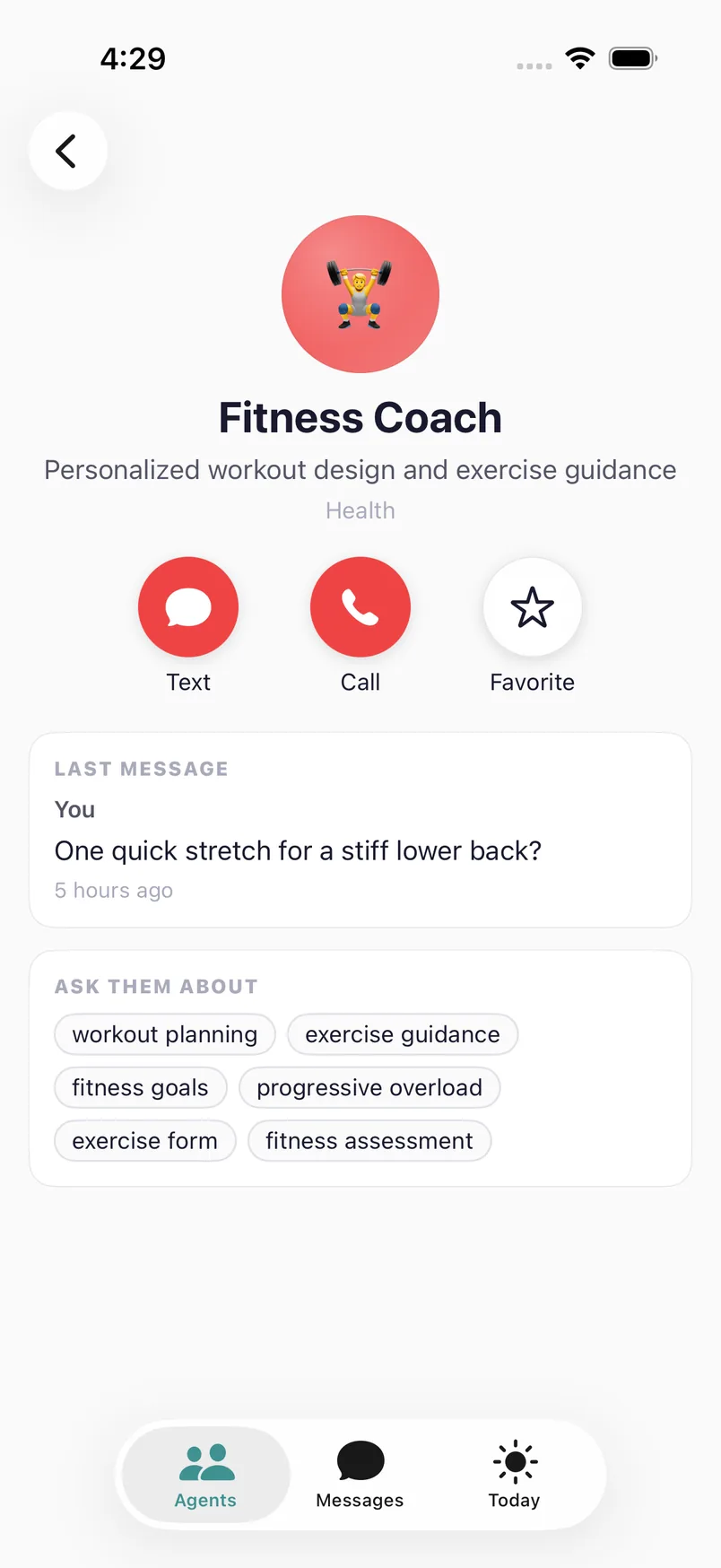 The Fitness Coach's contact card in the Umber app, with Text, Call and Favorite buttons, the last message, and topics to ask about
