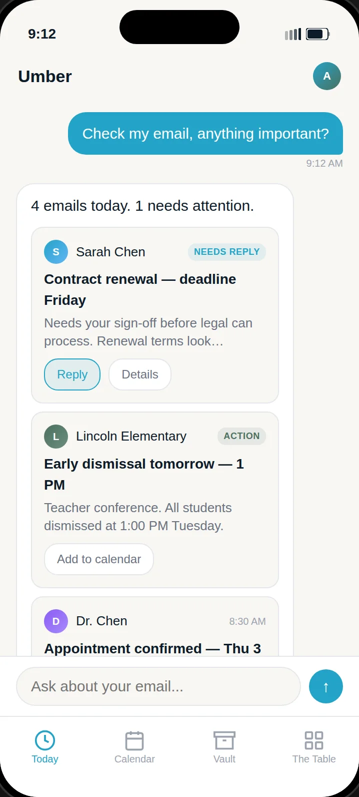 Design preview: Umber summarising the day's email in chat, with one message flagged as needing a reply