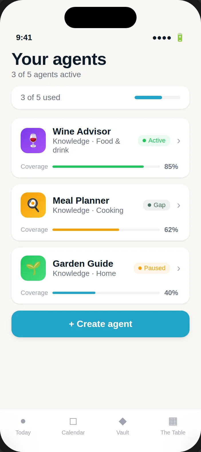 Design preview of Creator Studio: a list of your custom agents with a Create agent button